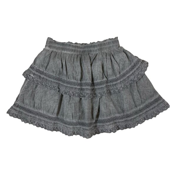 KatieJ NYC Gray Ruffle Mini Skirt S Boho Lace Tiered Soft Stretch Cottagecore - Picture 2 of 4